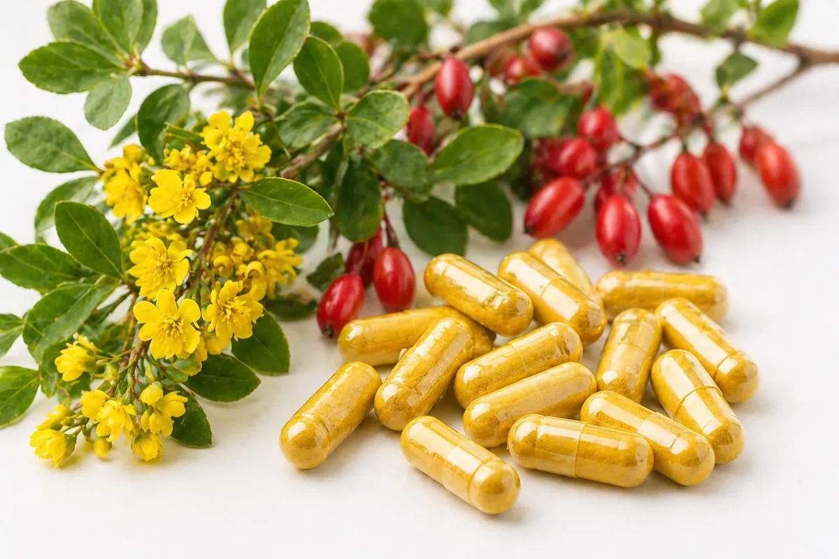 Berberine supplement capsules with barberry plant and yellow flowers