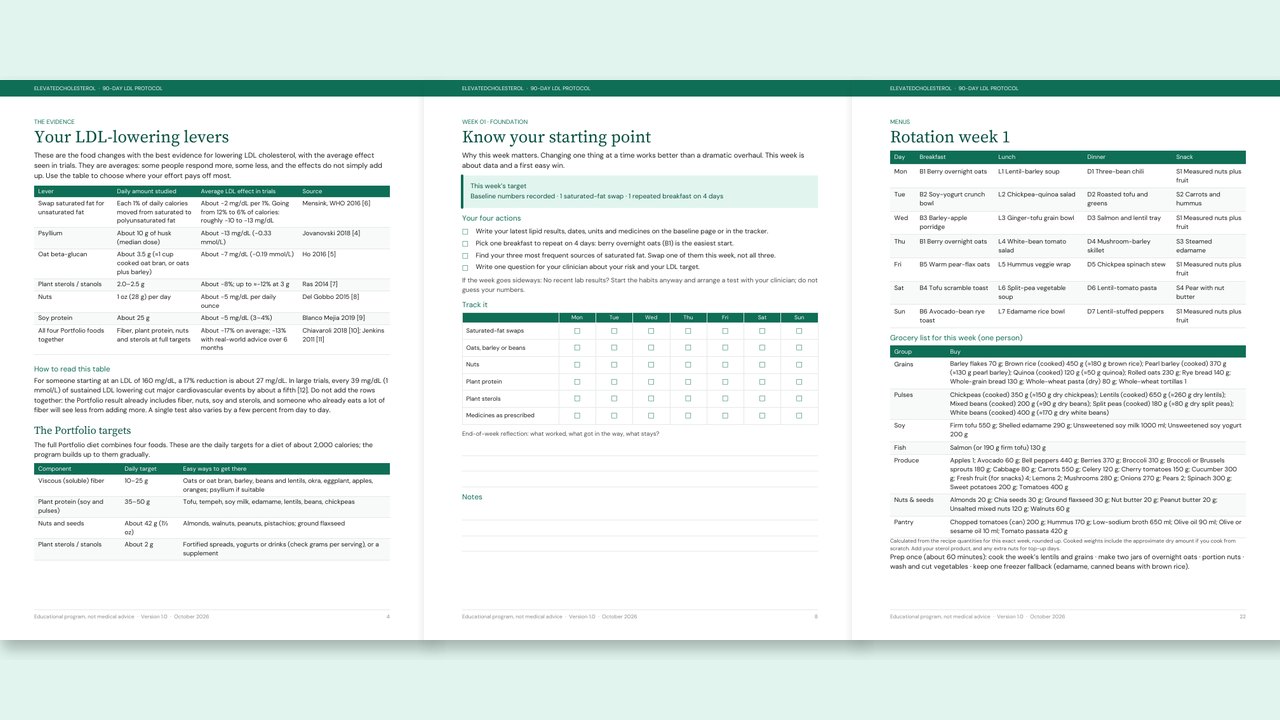 Inside the guide: the LDL-lowering levers table, a weekly action page and a weekly menu