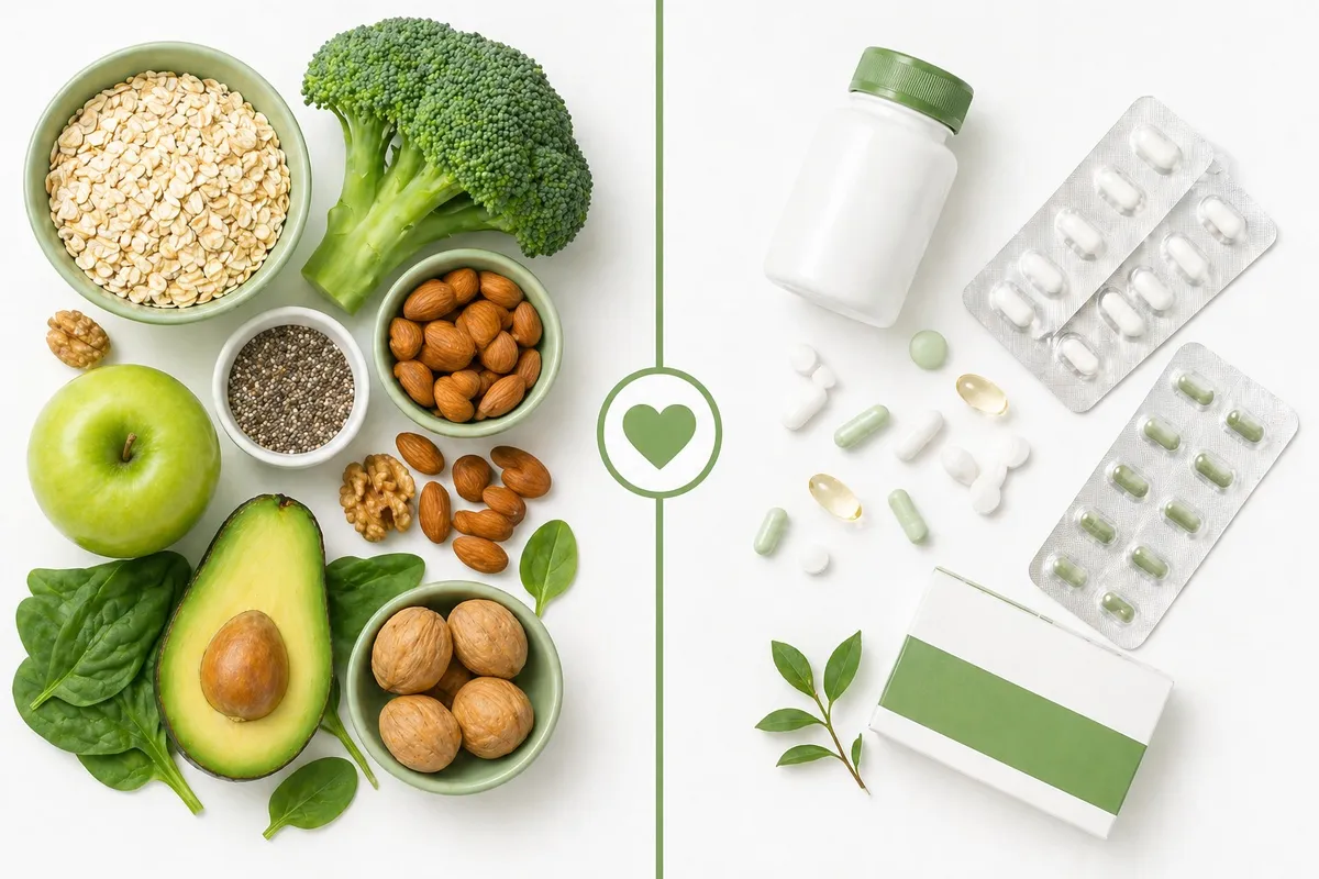 Split image showing natural foods on left and medications on right for cholesterol management