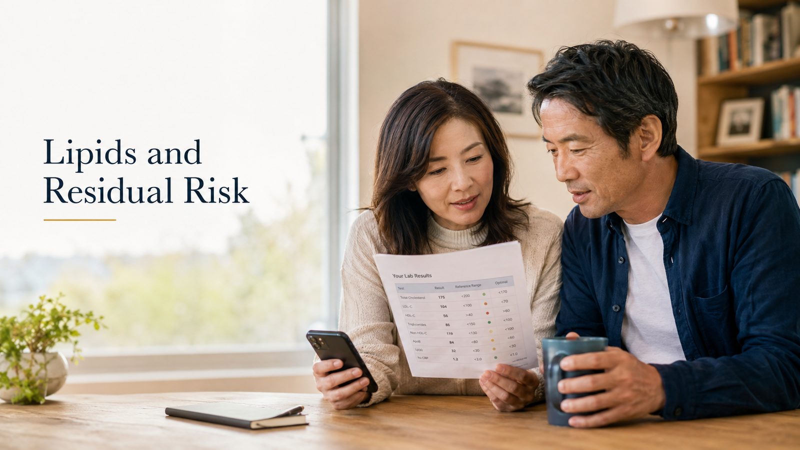A couple reviewing detailed lab results together at home, including ApoB, Lp(a) and hs-CRP values