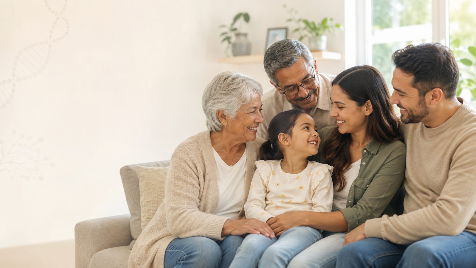 Three generations of a family together at home, illustrating that Lp(a) is inherited and family members should be tested