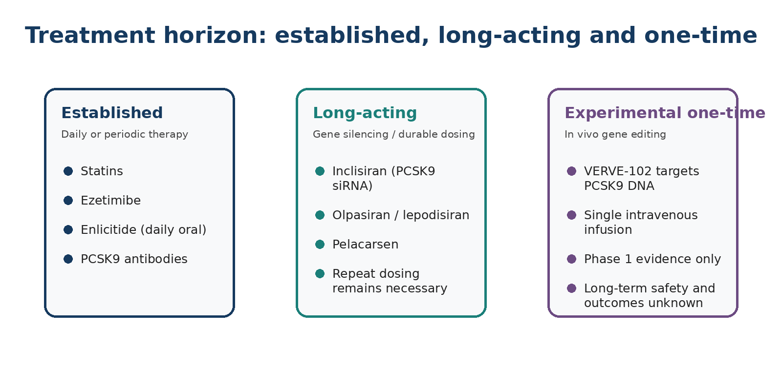 Treatment horizon: established therapies, long-acting gene silencing, and experimental one-time approaches