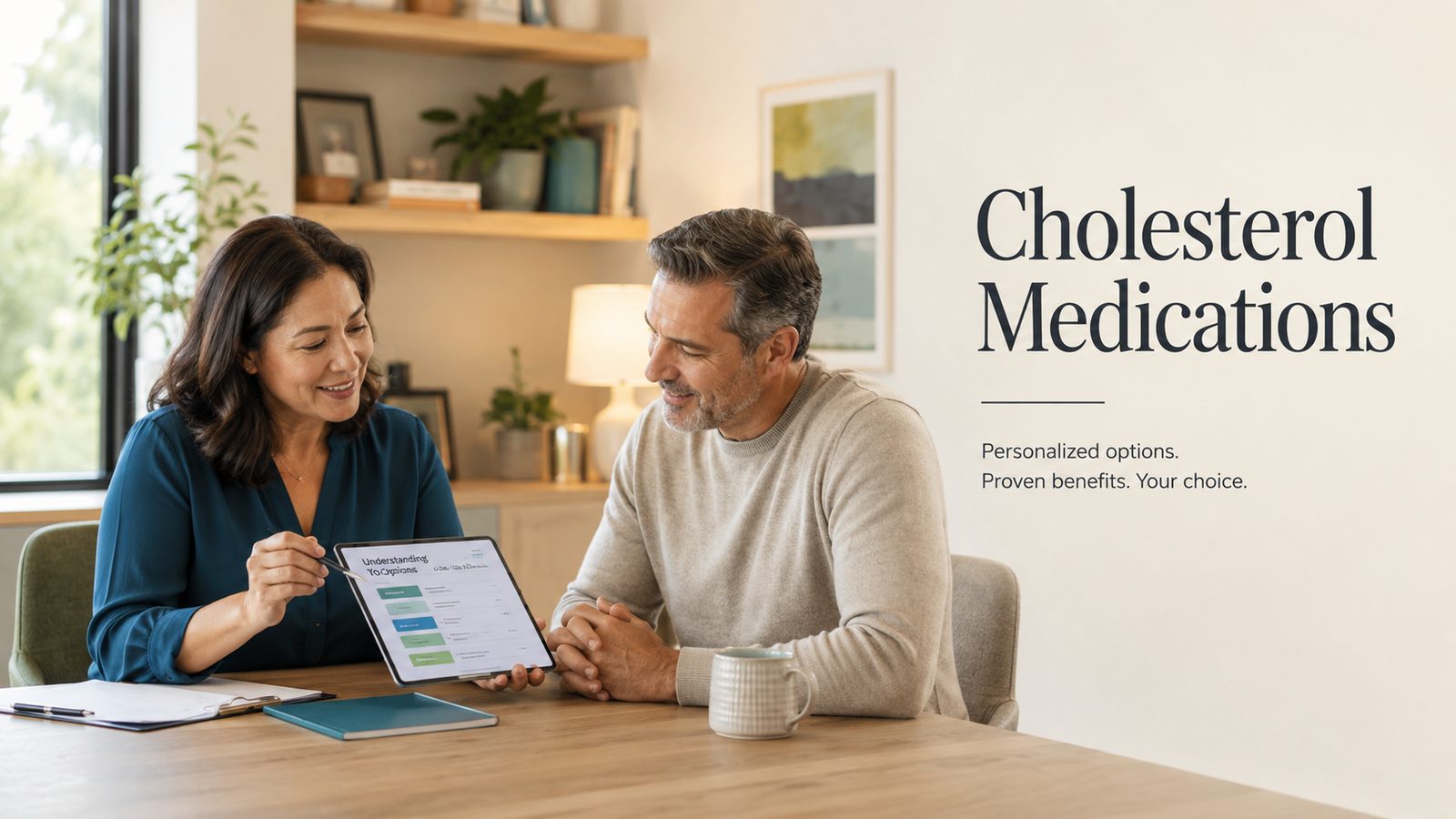 A clinician and patient reviewing personalized cholesterol medication options together on a tablet