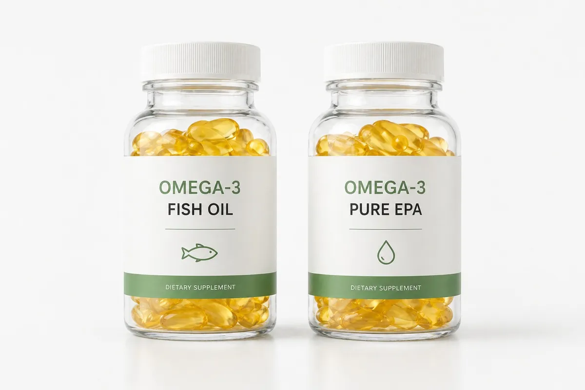 Omega-3 fish oil versus pure EPA supplement bottles side by side comparison
