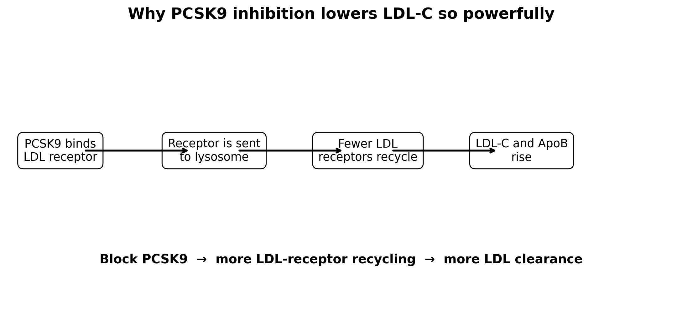 Figure 1. PCSK9 directs LDL receptors toward degradation. Blocking the pathway increases receptor recycling and LDL clearance.