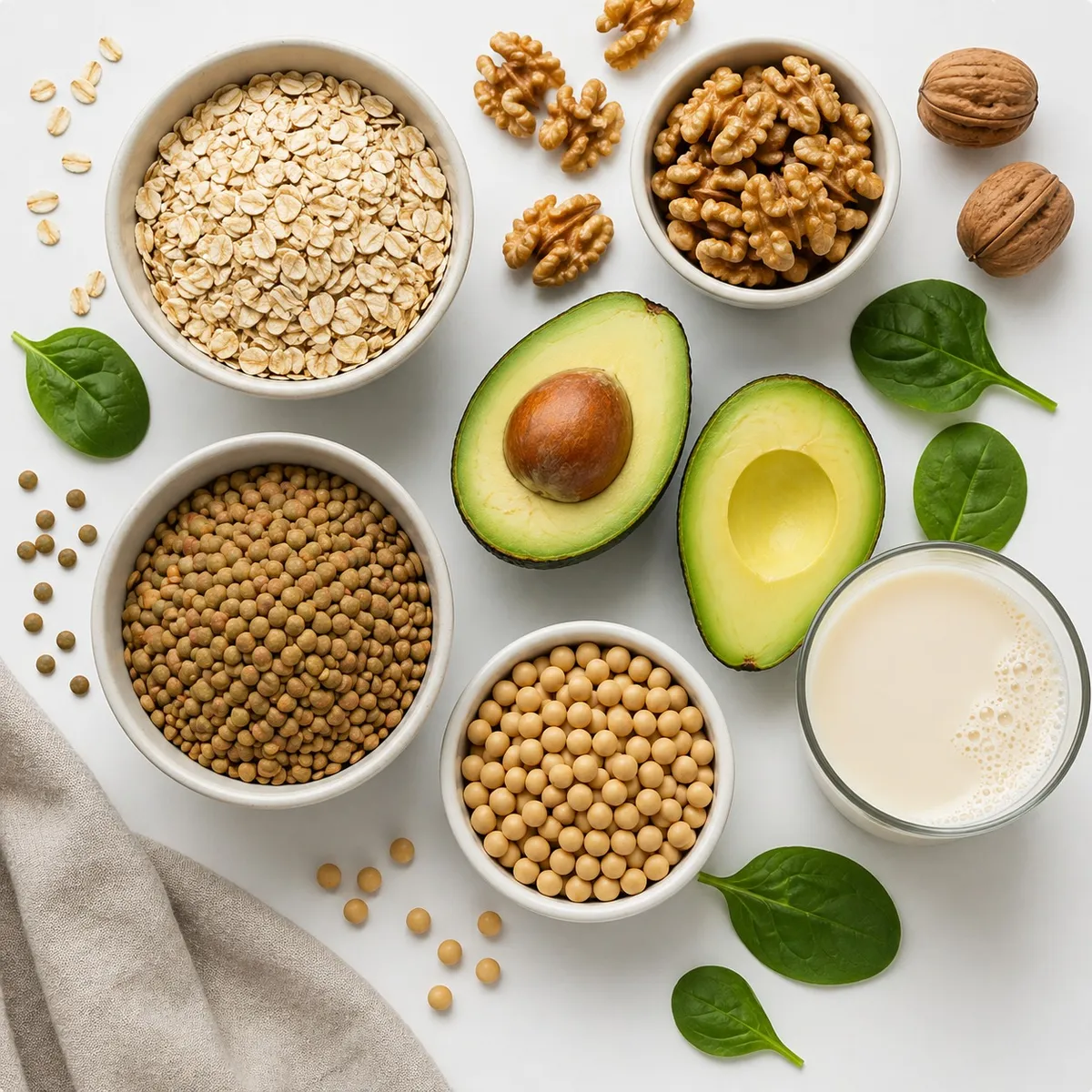Portfolio Diet foods for LDL reduction — oats, walnuts, avocado, lentils, soy beans and soy milk