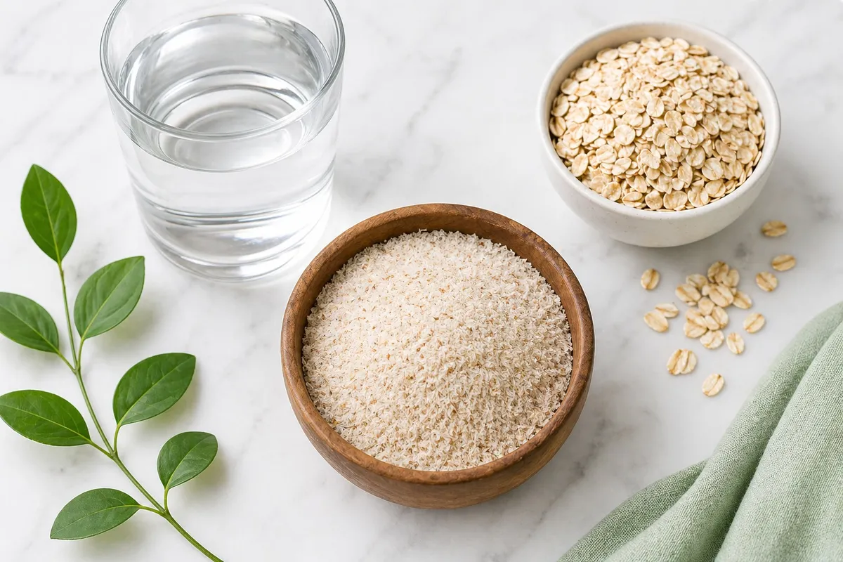 Psyllium husk powder in wooden bowl with glass of water and rolled oats